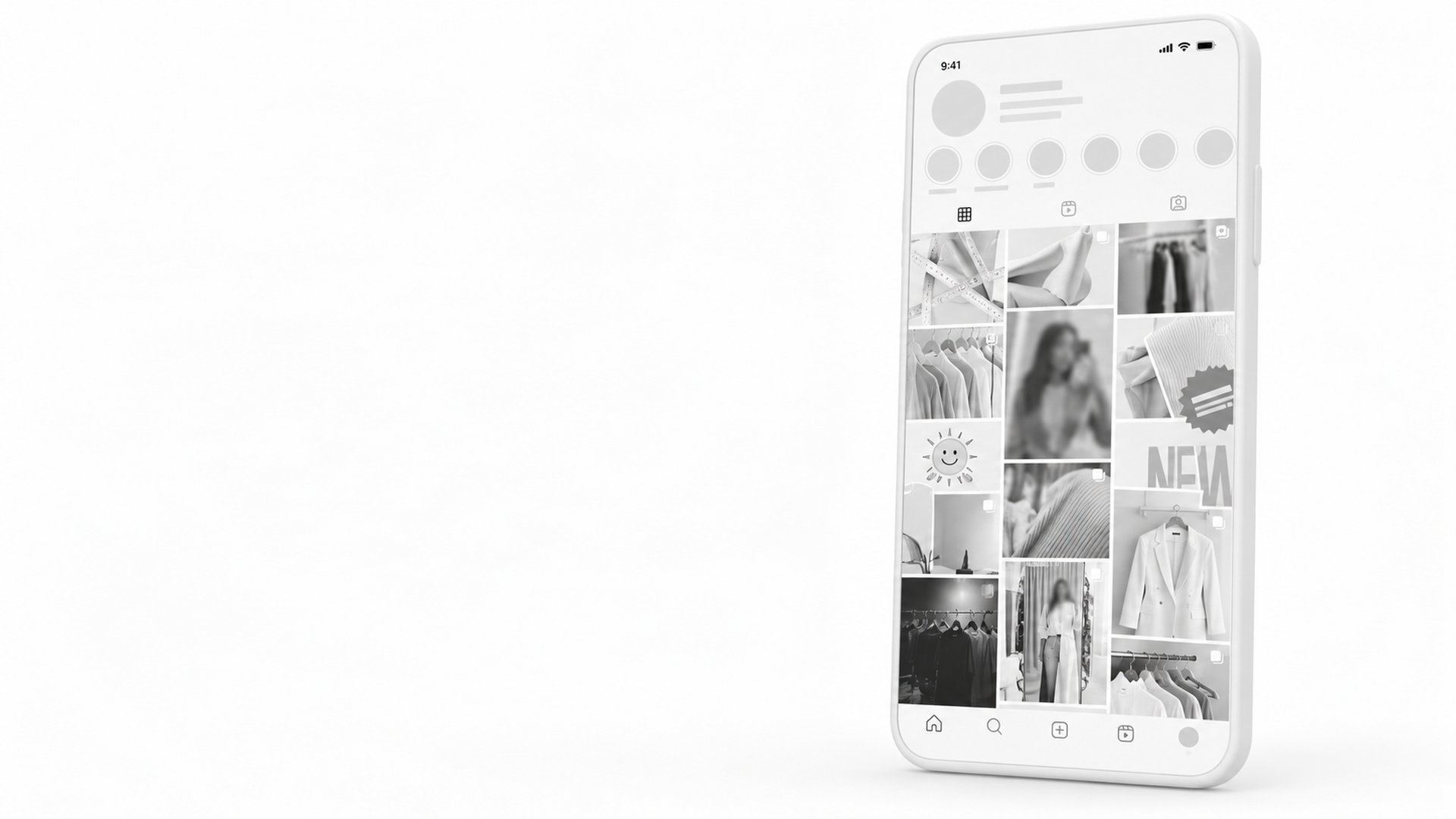 Celular com feed de fotos bagunçado, visto de três quartos